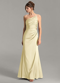 Azazie Hudsyn At-home Try On Dresses Lemon Sorbet Mermaid One Shoulder Stretch Satin Dress image4