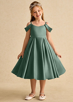 Azazie Favia Flower Girl Dresses Eucalyptus A-Line Off the Shoulder Matte Satin Dress image2