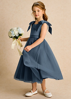 Azazie Serene Abiti da Ragazza di Fiori Abito Principessa in Raso Opaco Fiocco Blu Nettuno image2