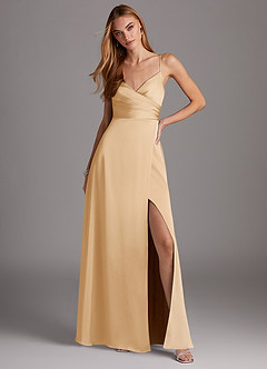 Azazie Calissa Bridesmaid Dresses Gold A-Line V-Neck Pleated Stretch Satin Dress image3