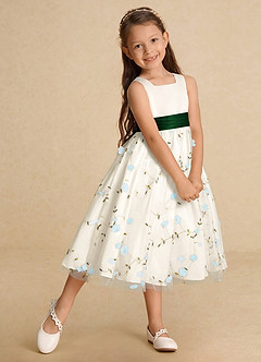 Azazie Pollie Flower Girl Dresses Sky Blue Dark Green A-Line Bow Tulle Dress image8