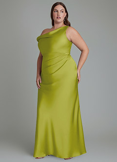 Azazie Emerson Bridesmaid Dresses Lemongrass Mermaid Off the Shoulder Stretch Satin Dress image9