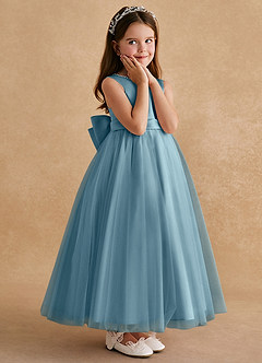 Azazie Cookie Blumenmädchenkleider A-Linie Schleifen Tüll Kleid Stimmungsvolles Blau image3