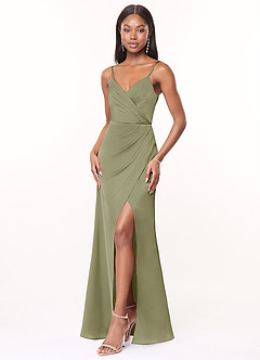 Azazie Maci Bridesmaid Dresses Pistachio A-Line V-Neck Pleated Stretch Satin Dress image3