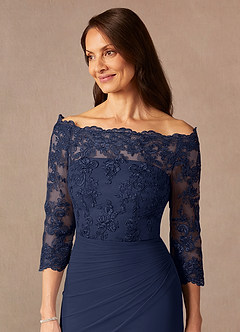 Azazie Rhonda Mother of the Bride Dresses Dark Navy Mermaid Off the Shoulder Mesh Dress image9