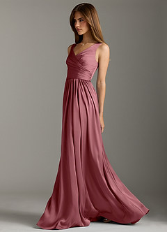 Azazie Keyla Robes de demoiselle d'honneur Robe Trapèze en Satin extensible Plissée Rose Du Désert image7