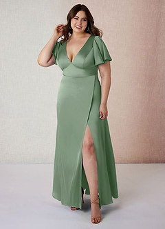 Azazie Lani Robes de demoiselle d'honneur Robe Trapèze en Satin extensible Manche à volants Matcha image7