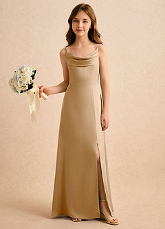 Azazie Shira Girls Formal Flower Girl Dresses Gold A-Line Pleated Stretch Satin Dress image5