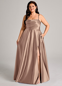 Azazie Elle Bridesmaid Dresses Taupe A-Line with Pockets Metallic Satin Dress image1