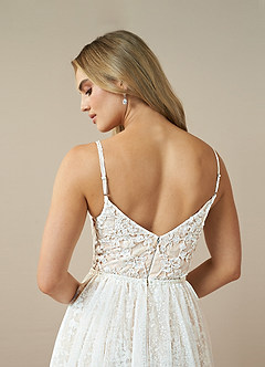 Azazie Maylie At-home Try On Dresses Diamond White Champagne Lace Tulle Dress image9