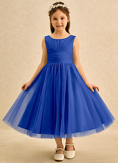 Azazie Macaron Flower Girl Dresses Royal Blue A-Line Pleated Tulle Dress image3