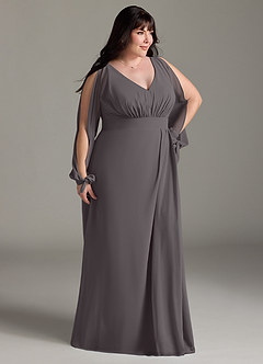 Azazie Matilda Bridesmaid Dresses Steel Grey A-Line Long Sleeve Chiffon Dress image12