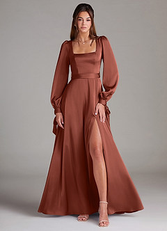 Azazie Leonia Bridesmaid Dresses Auburn A-Line Long Sleeve Stretch Satin Dress image1