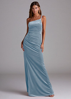 Azazie Eren Vestidos de damas de honor Vestido de Azul Polvoriento de terciopelo de Corte Recto con Hombro unilateral image3