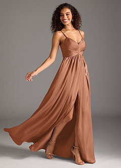 Azazie Alia Bridesmaid Dresses Bronzer A-Line Pleated Stretch Satin Dress image2