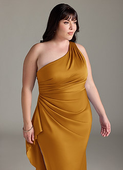 Azazie Latrice Bridesmaid Dresses Butterscotch Sheath One Shoulder Cascading Ruffles Stretch Satin Dress image11