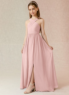 Azazie Jiya Junior Abito A-Line in Chiffon Plissettato Rosa Cipria image1