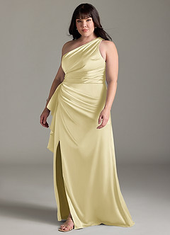 Azazie Maive Final Sale Lemon Sorbet Sheath Ruched Stretch Satin Dress image9