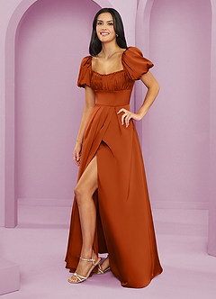 Barbie ♥ Azazie Bridesmaid Dresses Burnt Orange A-Line Ruched Stretch Satin Dress image3