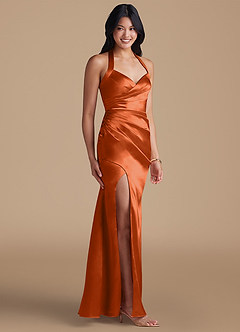 Azazie Emeria Bridesmaid Dresses Burnt Orange Sheath Side Slit Metallic Satin Dress image6