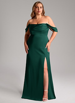 Azazie Saige Bridesmaid Dresses Emerald Sheath Off the Shoulder Stretch Satin Dress image11