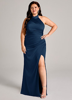 Azazie Jemma Jurken voor bruidsmeisjes Jurk van Stretch Satijn met Kolom Geplooid Donkere Marine image10