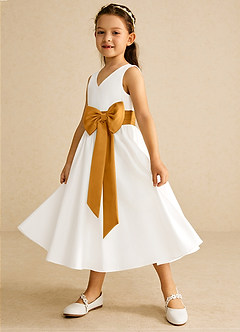 Azazie Darling Flower Girl Dresses Ivory Butterscotch A-Line Bow Cotton Dress image3