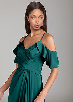 Azazie Dakota Bridesmaid Dresses Peacock A-Line Off the Shoulder Stretch Satin Dress image5