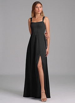 Azazie Rosaline Bridesmaid Dresses Black A-Line Side Slit Stretch Satin Dress image4