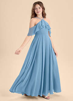 Azazie Tessabelle Junior Vestido de Azul Acero de Gasa de Corte En A con Vestidos sin tirantes image3