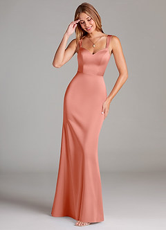 Azazie Denice Final Sale Coral Sheath Pleated Stretch Satin Dress image3