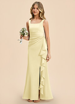 Azazie Adrienne Junior Lemon Sorbet Sheath Pleated Stretch Satin Dress image1