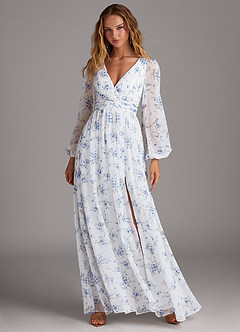 Azazie Norah Bridesmaid Dresses Blue Cottage Floral A-Line V-Neck Long Sleeve Chiffon Dress image4