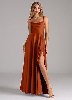 Azazie Elle Vestidos de damas de honor Vestido de Naranja Quemada de Satén Elástico de Corte en A con Plisado image4