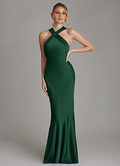 Azazie Reign Bridesmaid Dresses Dark Green Mermaid Pleated Stretch Satin Dress image4