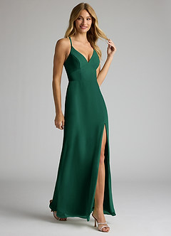 Azazie Becca Bridesmaid Dresses Emerald Sheath V-Neck Chiffon Dress image2