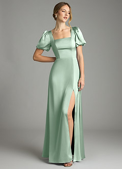 Azazie Fyona Bridesmaid Dresses Agave A-Line Pleated Stretch Satin Dress image3