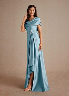 Azazie Branford Klänningar till brudens mor Klänning A-Line i Stretch Satin Plisserad Moody Blue image2