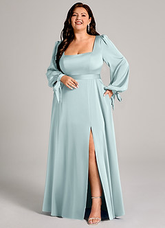 Azazie Leonia Robes de demoiselle d'honneur Robe Trapèze en Satin extensible Manche longue Brume image8