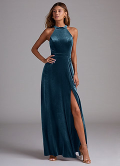 Azazie Clarice Jurken voor bruidsmeisjes Jurk van flueel met A-Lijn Zijsplit Blauwe Topaas image4