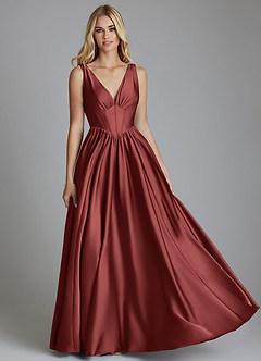 Azazie Delmie Robes de demoiselle d'honneur Robe Trapèze en Satin extensible Corset Terracotta image1