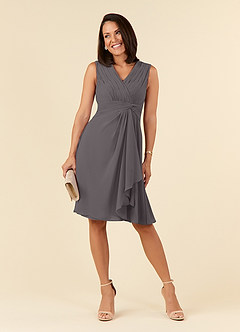 Azazie Theron Mother of the Bride Dresses Steel Grey A-Line V-Neck Pleated Chiffon Dress image1
