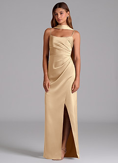 Azazie Calandra Bridesmaid Dresses Champagne A-Line Pleated Stretch Satin Dress image4
