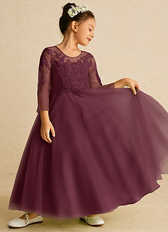 Azazie Precious Robe Demoiselle D'honneur Fillette Robe Trapèze en Tulle Dentelle Cabernet image2