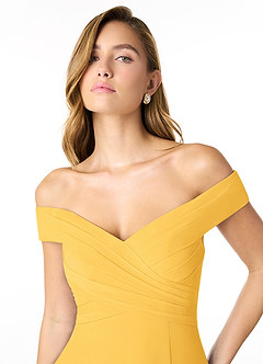 Azazie Lecia Bridesmaid Dresses Marigold Empire Off-The-Shoulder Pleated Chiffon Convertible Dress image6