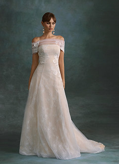 Azazie Berkely Trouwjurken Jurk van Tule met A-Lijn Off-shoulder Diamant Wit Champagne image3