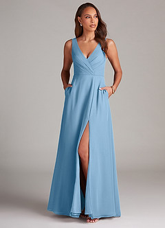 Azazie Nelly Bridesmaid Dresses Steel Blue A-Line Pleated Chiffon Dress image2