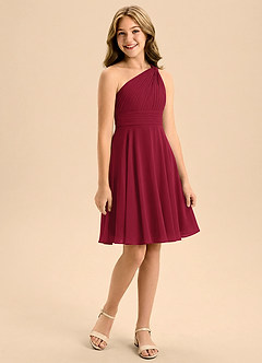 Azazie Charlize Junior Burgundy A-Line Pleated Chiffon Dress image3