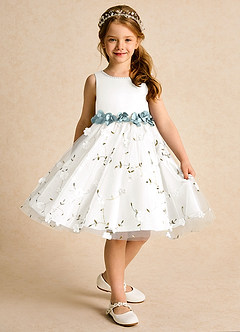 Azazie Starri Flower Girl Dresses Ivory Mist Ball-Gown Beaded Matte Satin Dress image3