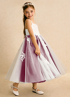 Azazie Coraline Flower Girl Dresses Ivory Mulberry A-Line Lace Dress image5